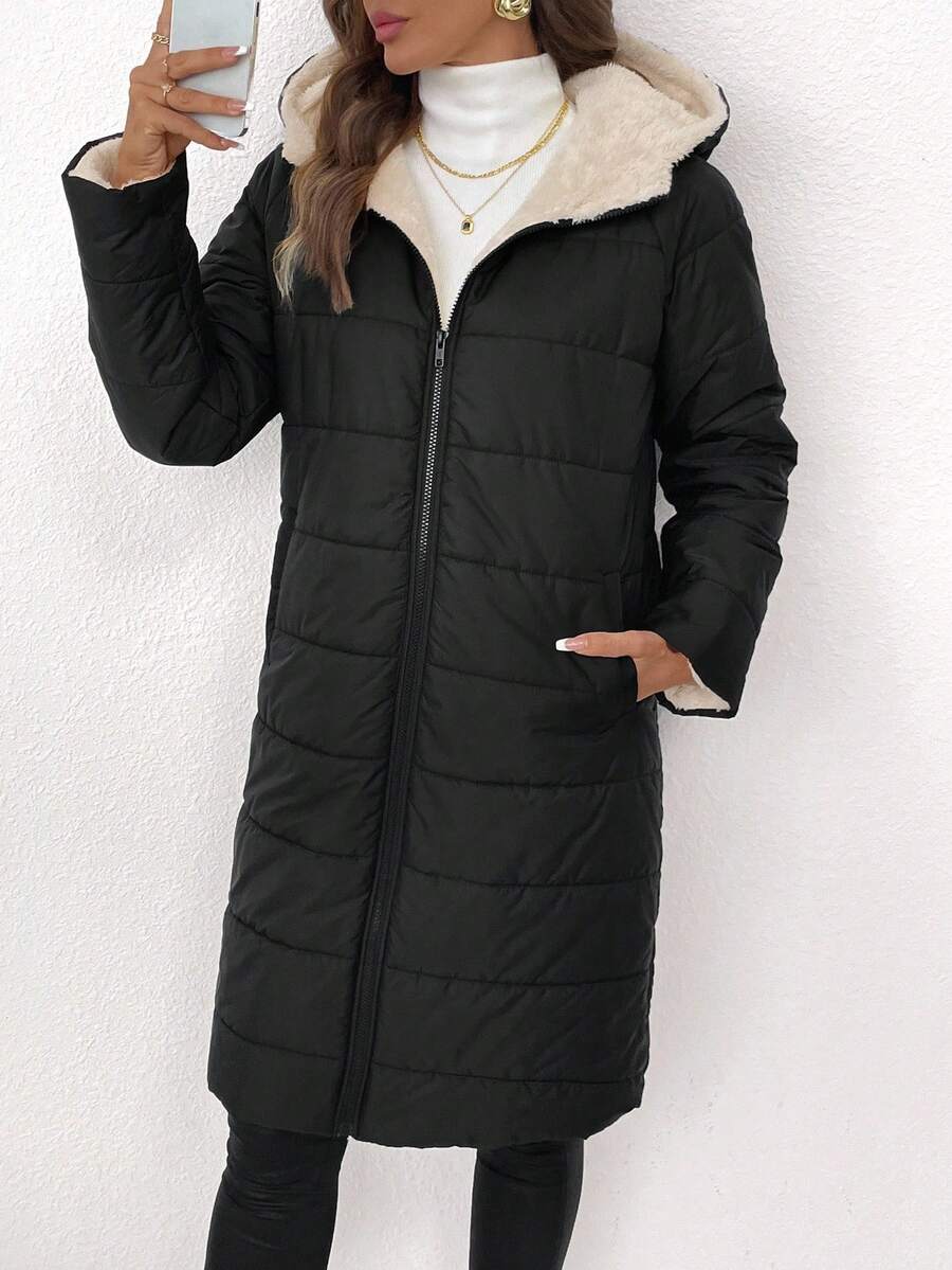 SHEIN Clasi Women Zip Up Hooded Teddy Lined Quilted Coat In Fall/Winter
