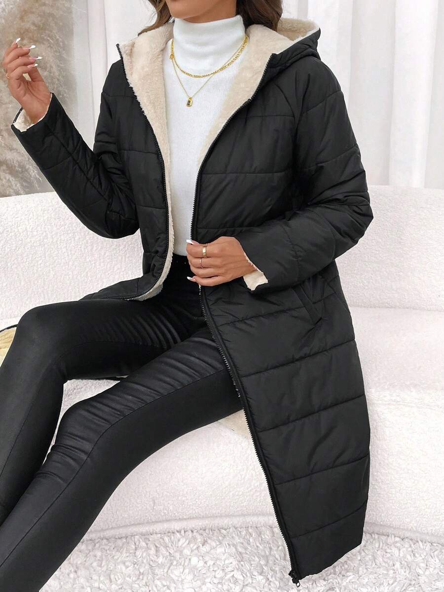 SHEIN Clasi Women Zip Up Hooded Teddy Lined Quilted Coat In Fall/Winter