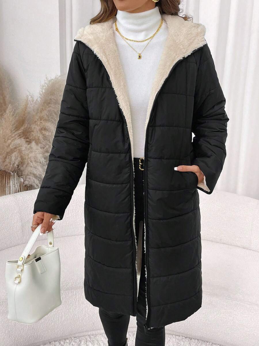 SHEIN Clasi Women Zip Up Hooded Teddy Lined Quilted Coat In Fall/Winter