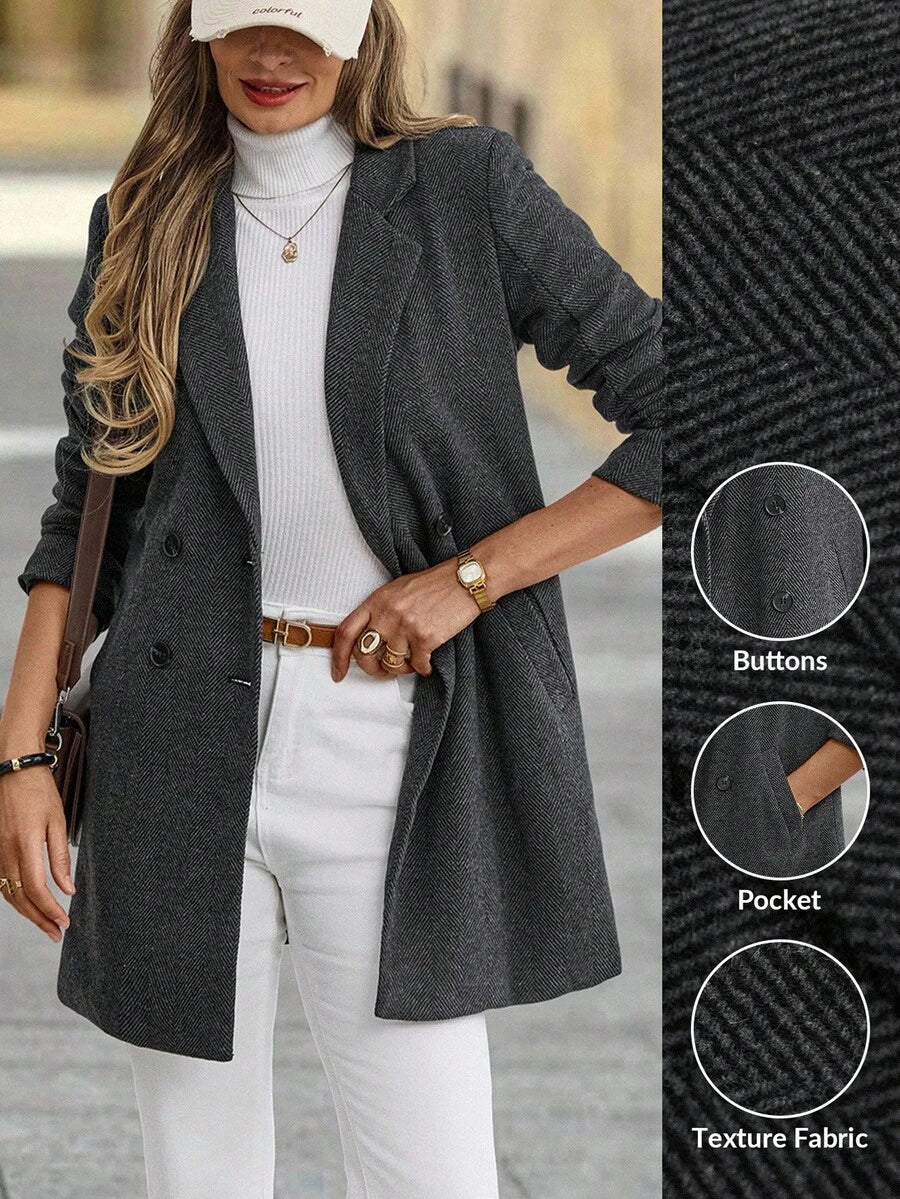 Clasi Women's Solid Color Double-Breasted Long Sleeve Woolen Windbreaker, Fashionable For Autumn/Winter