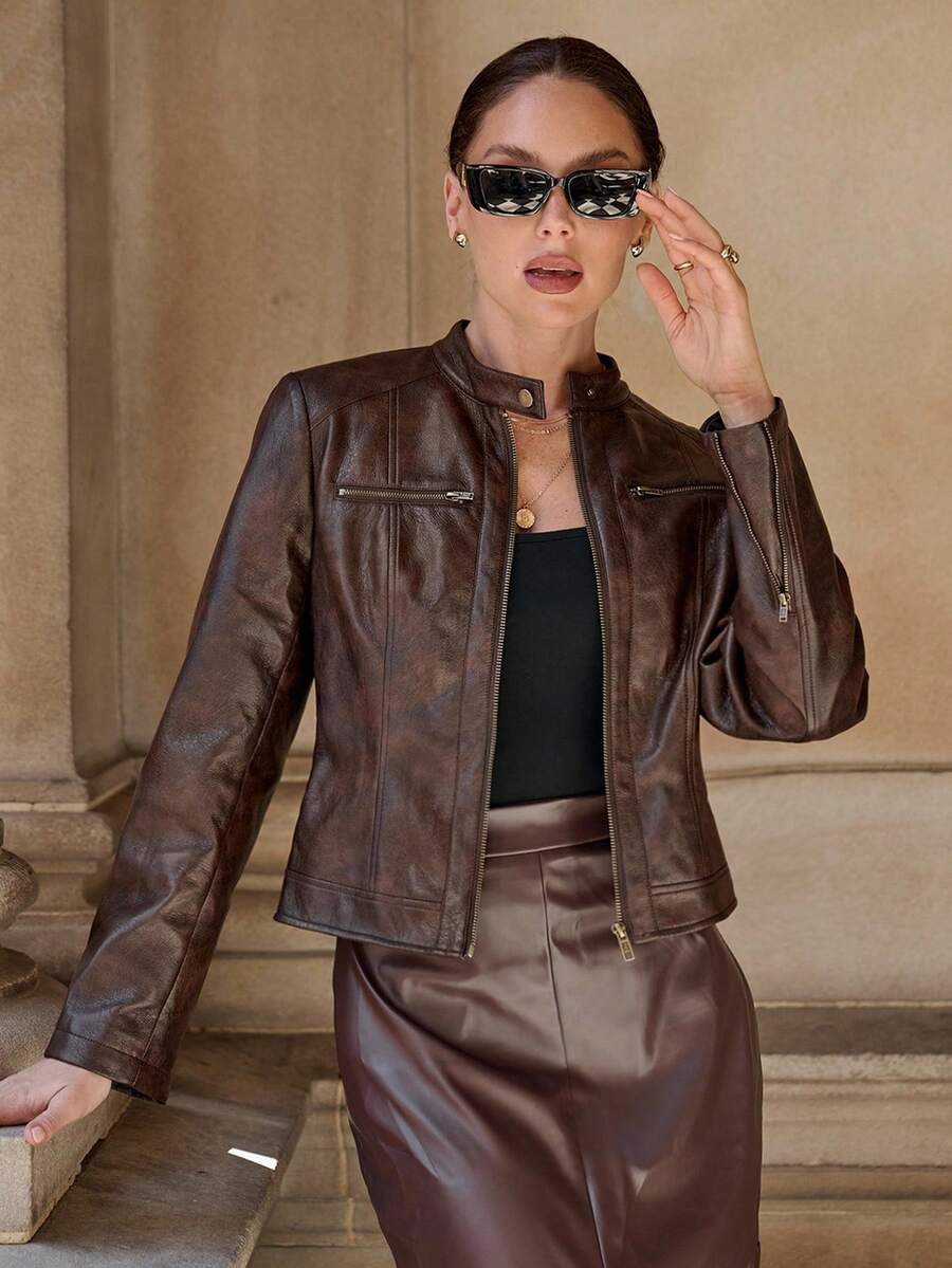 Editum Slim Fit Zip-Up Fleece Jacket With Lining, Black High Collar Casual Street Style Long Sleeve Women's Jacket For Autumn/Winter Black Jacket Women Cropped Jacket Black Crop Jacket Jackets For Women Casual Black Blazer Women,Cozy Fall And Winter Clot