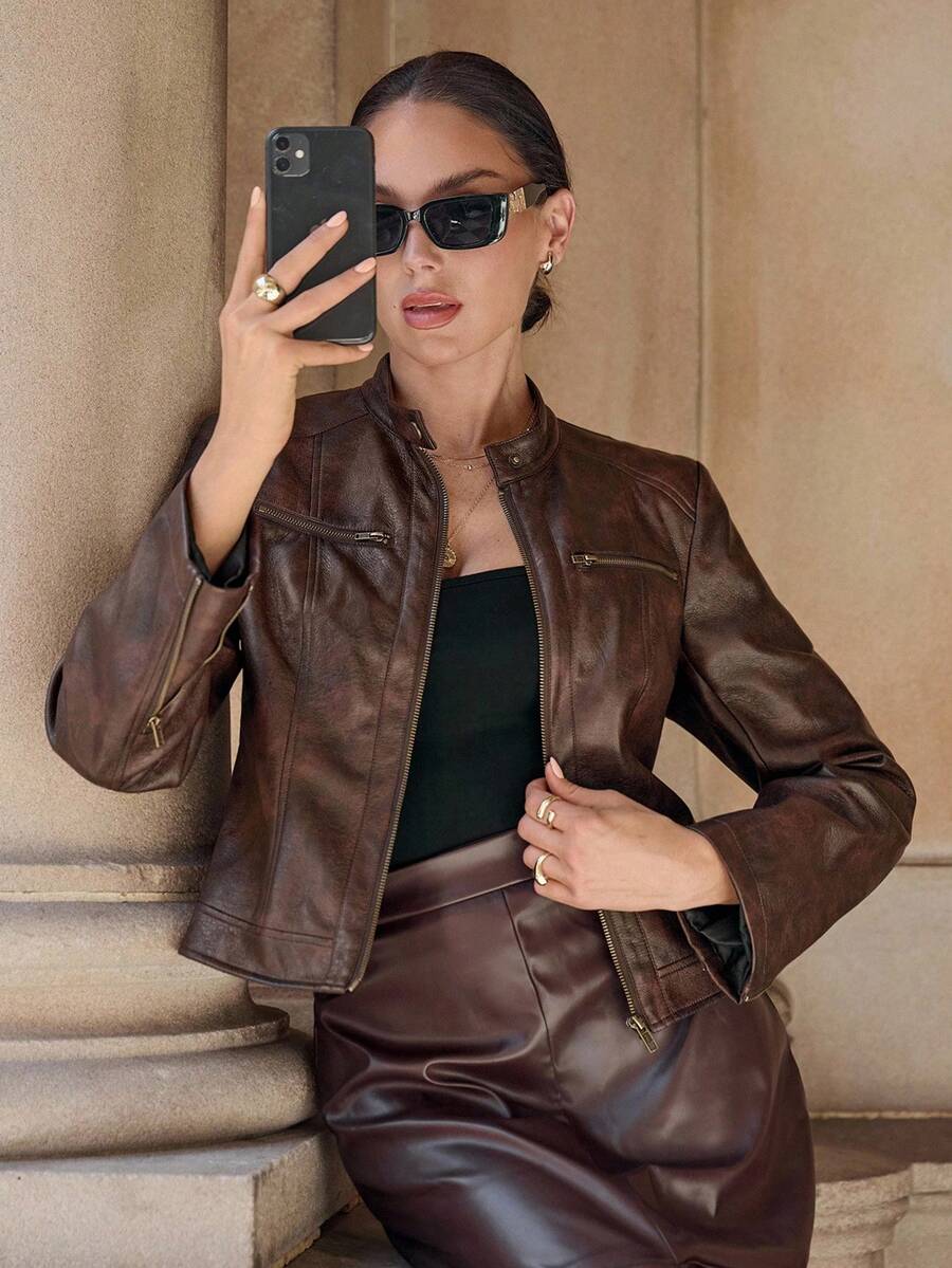 Editum Slim Fit Zip-Up Fleece Jacket With Lining, Black High Collar Casual Street Style Long Sleeve Women's Jacket For Autumn/Winter Black Jacket Women Cropped Jacket Black Crop Jacket Jackets For Women Casual Black Blazer Women,Cozy Fall And Winter Clot