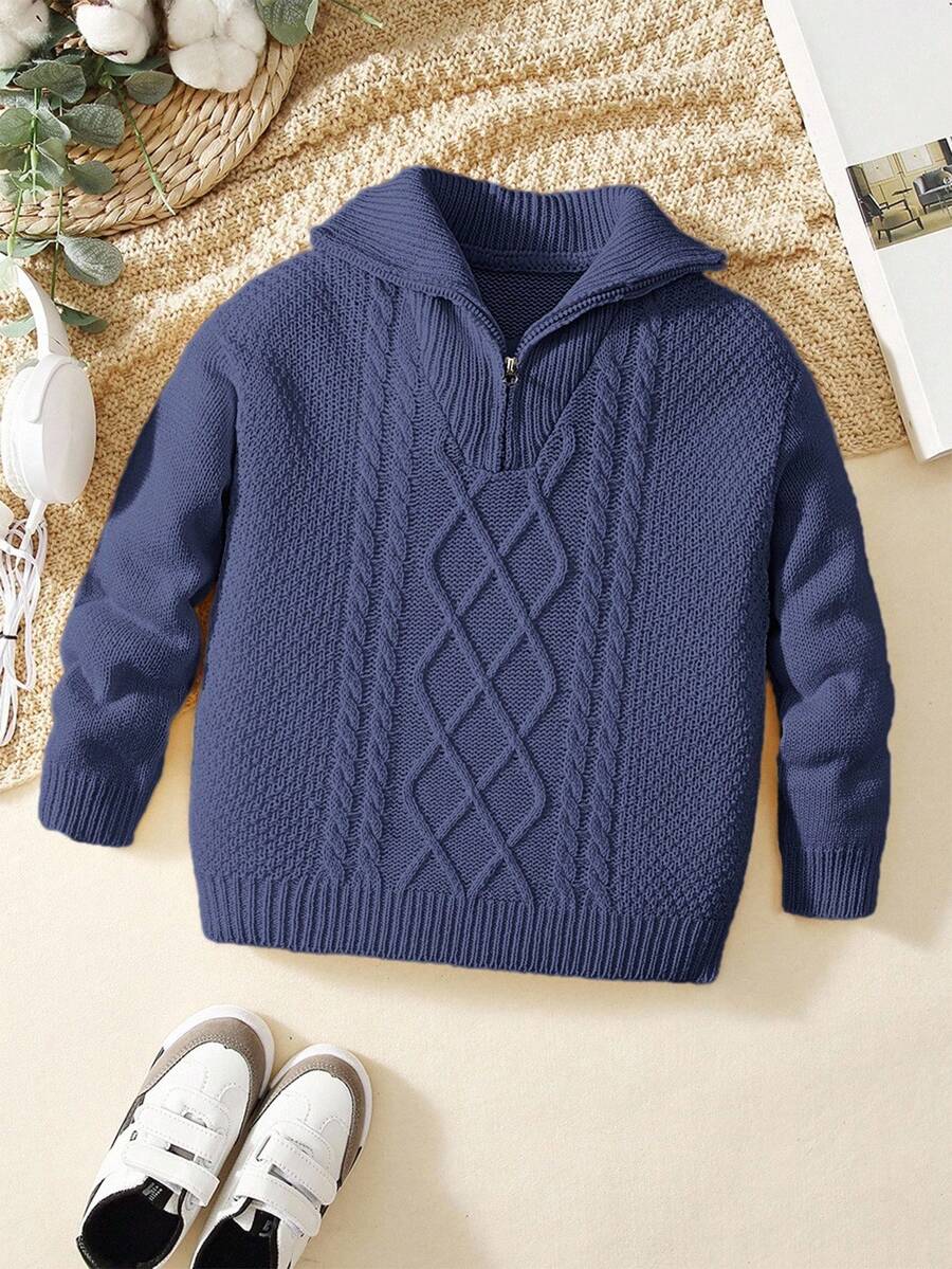 Tween Boys' Casual Turndown Collar Half-Zip Up Long Sleeve Knitted Sweater Fall Winter