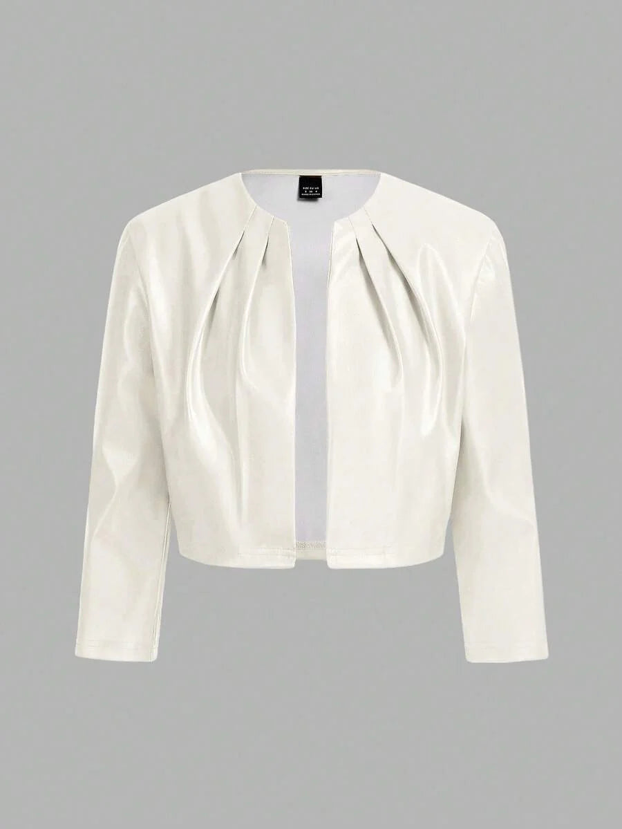 SHEIN Essence Women's Fashionable Commuter Solid Color Cropped Leather Jacket