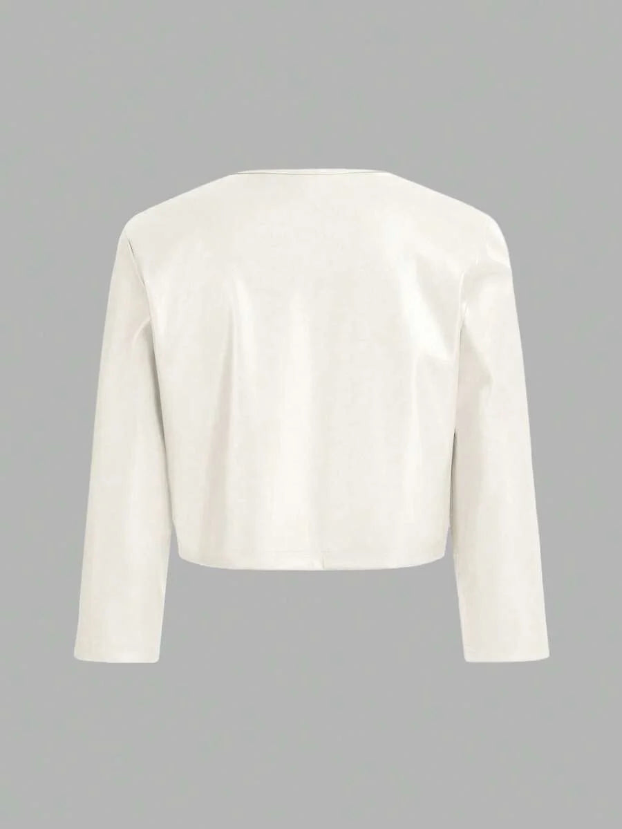 SHEIN Essence Women's Fashionable Commuter Solid Color Cropped Leather Jacket