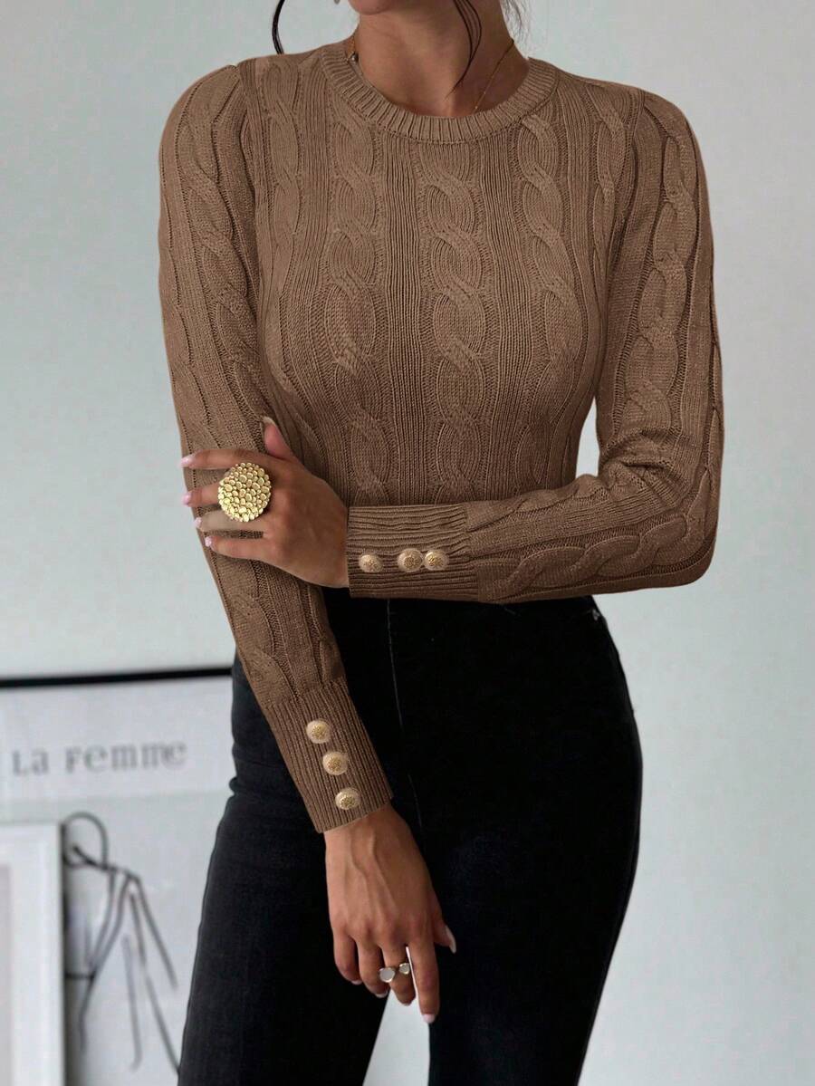 Firerie Women's Elegant Casual College Style Versatile White Crew Neck Cable Knit Button Decor Fitted Sweater