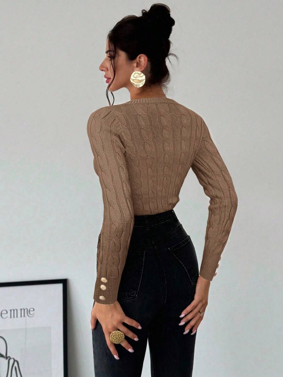Firerie Women's Elegant Casual College Style Versatile White Crew Neck Cable Knit Button Decor Fitted Sweater