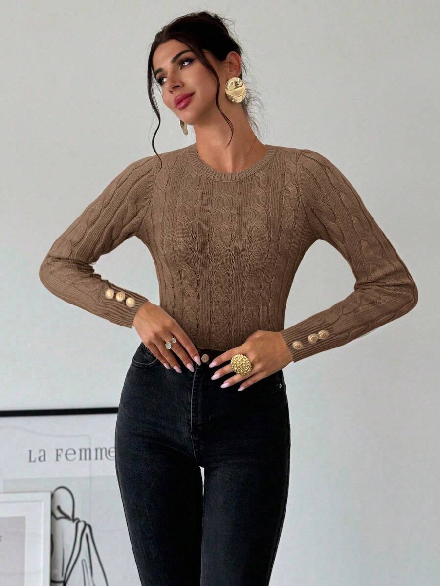 Firerie Women's Elegant Casual College Style Versatile White Crew Neck Cable Knit Button Decor Fitted Sweater