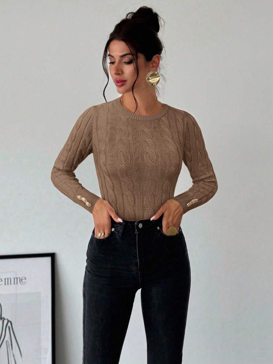 Firerie Women's Elegant Casual College Style Versatile White Crew Neck Cable Knit Button Decor Fitted Sweater