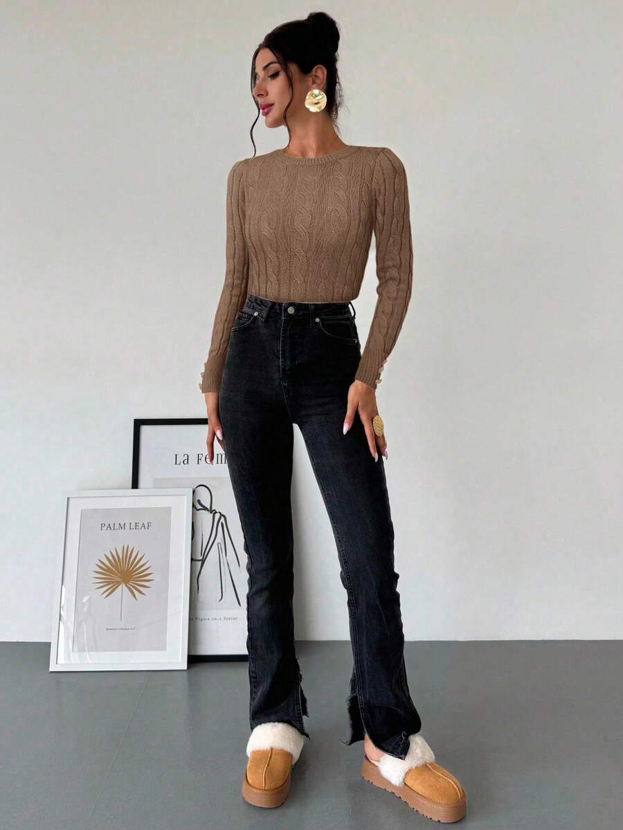 Firerie Women's Elegant Casual College Style Versatile White Crew Neck Cable Knit Button Decor Fitted Sweater
