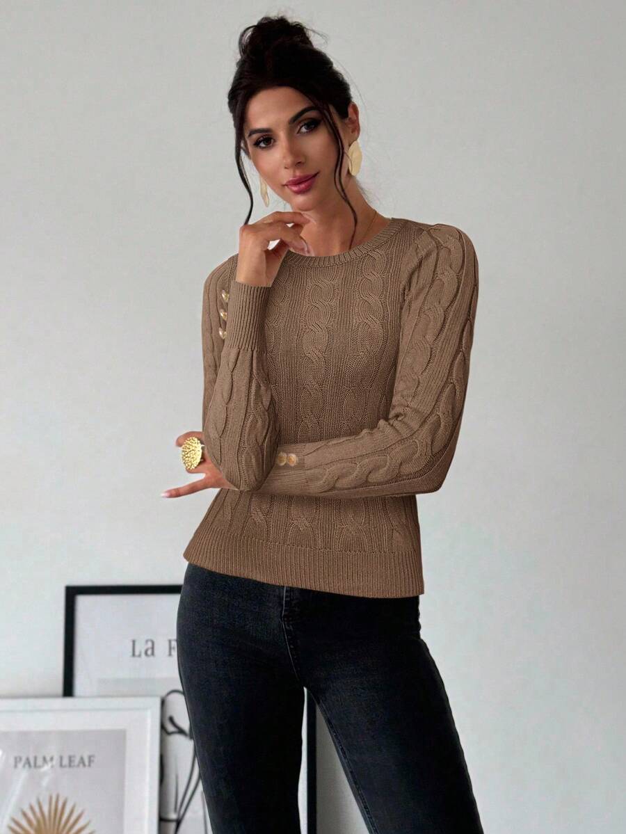 Firerie Women's Elegant Casual College Style Versatile White Crew Neck Cable Knit Button Decor Fitted Sweater