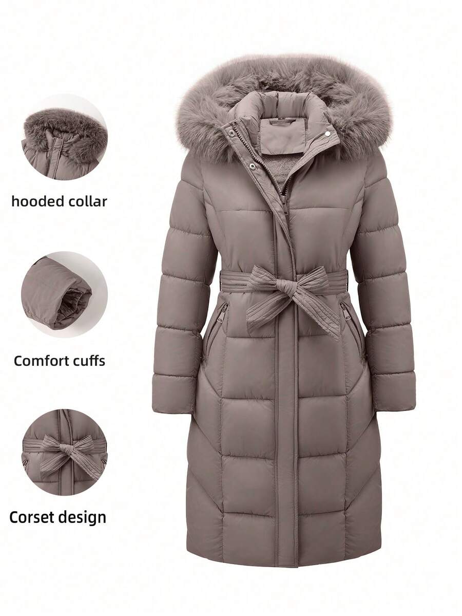 Risissida Women's Casual Hooded Jacket With Pockets, Lightweight Faux Fur Lined Quilted Trench Coat, Fall Daily Wear Winter Coat