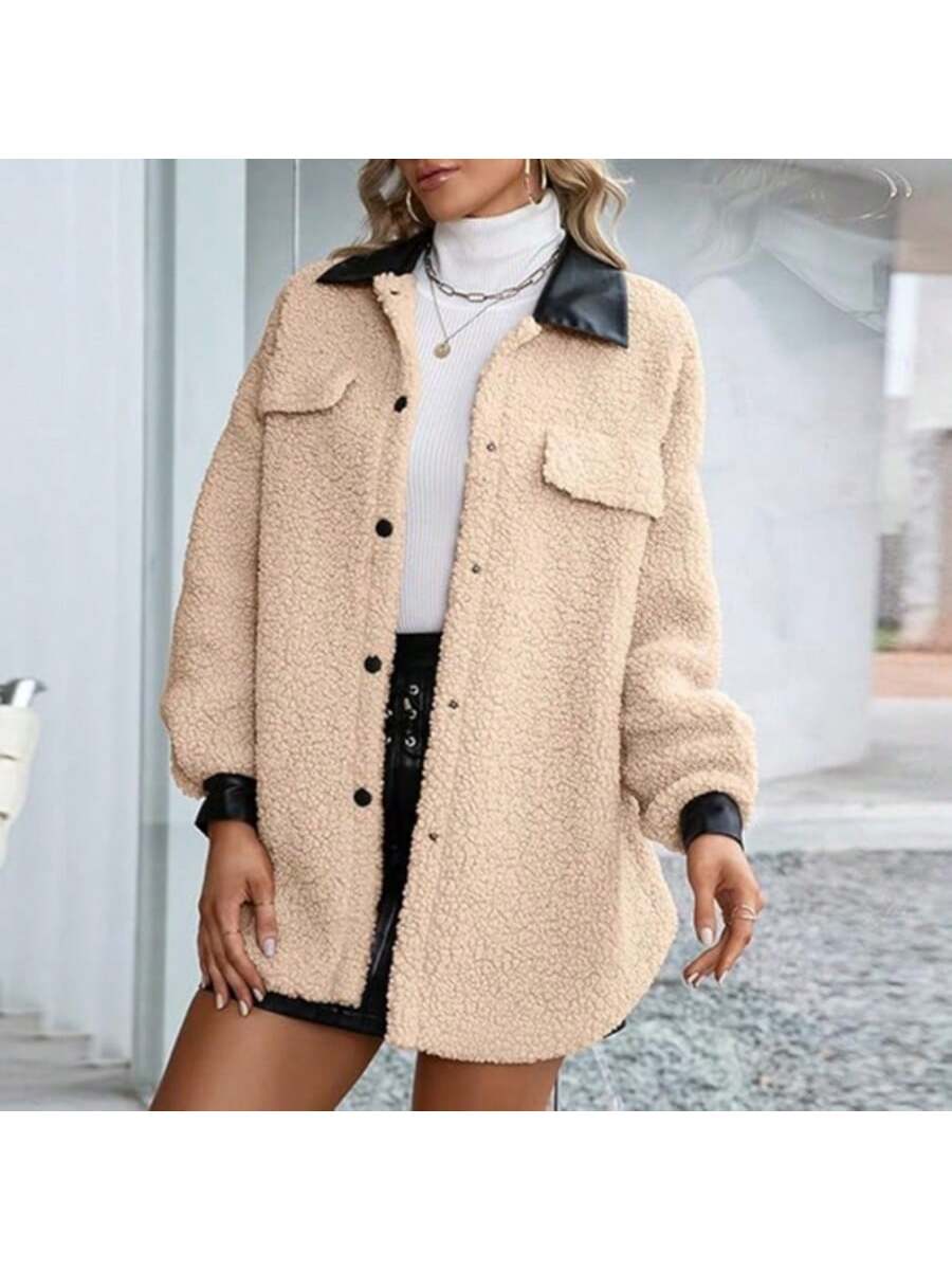 Women's Solid Color Fluffy PU Patchwork Front Button Faux Pocket Casual Fashionable Fluffy Jacket, Suitable For Travel, Street, Daily Commute, Comfortable And Stylish, Autumn/Winter
