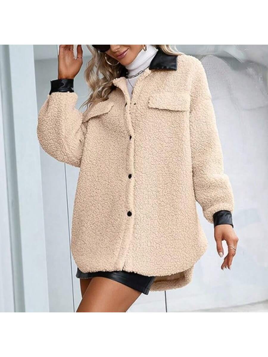 Women's Solid Color Fluffy PU Patchwork Front Button Faux Pocket Casual Fashionable Fluffy Jacket, Suitable For Travel, Street, Daily Commute, Comfortable And Stylish, Autumn/Winter