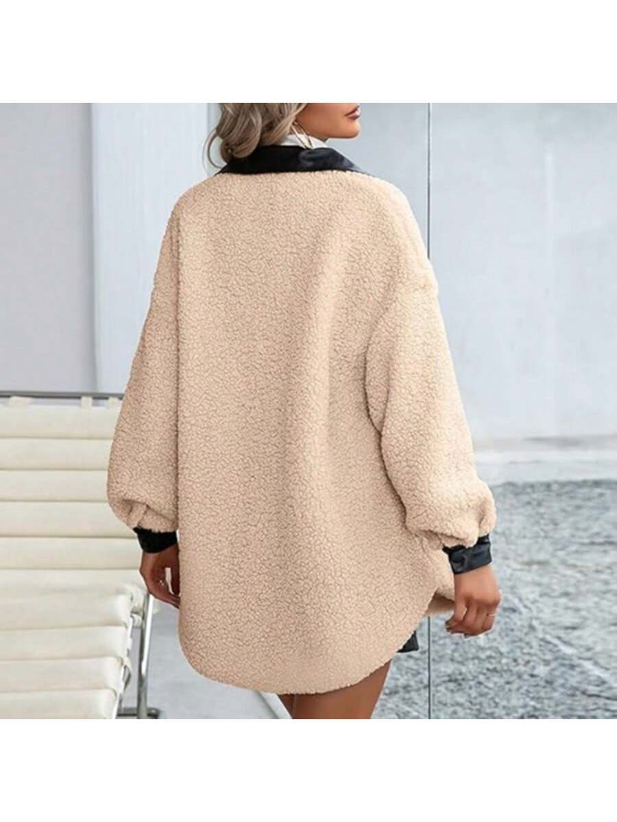 Women's Solid Color Fluffy PU Patchwork Front Button Faux Pocket Casual Fashionable Fluffy Jacket, Suitable For Travel, Street, Daily Commute, Comfortable And Stylish, Autumn/Winter