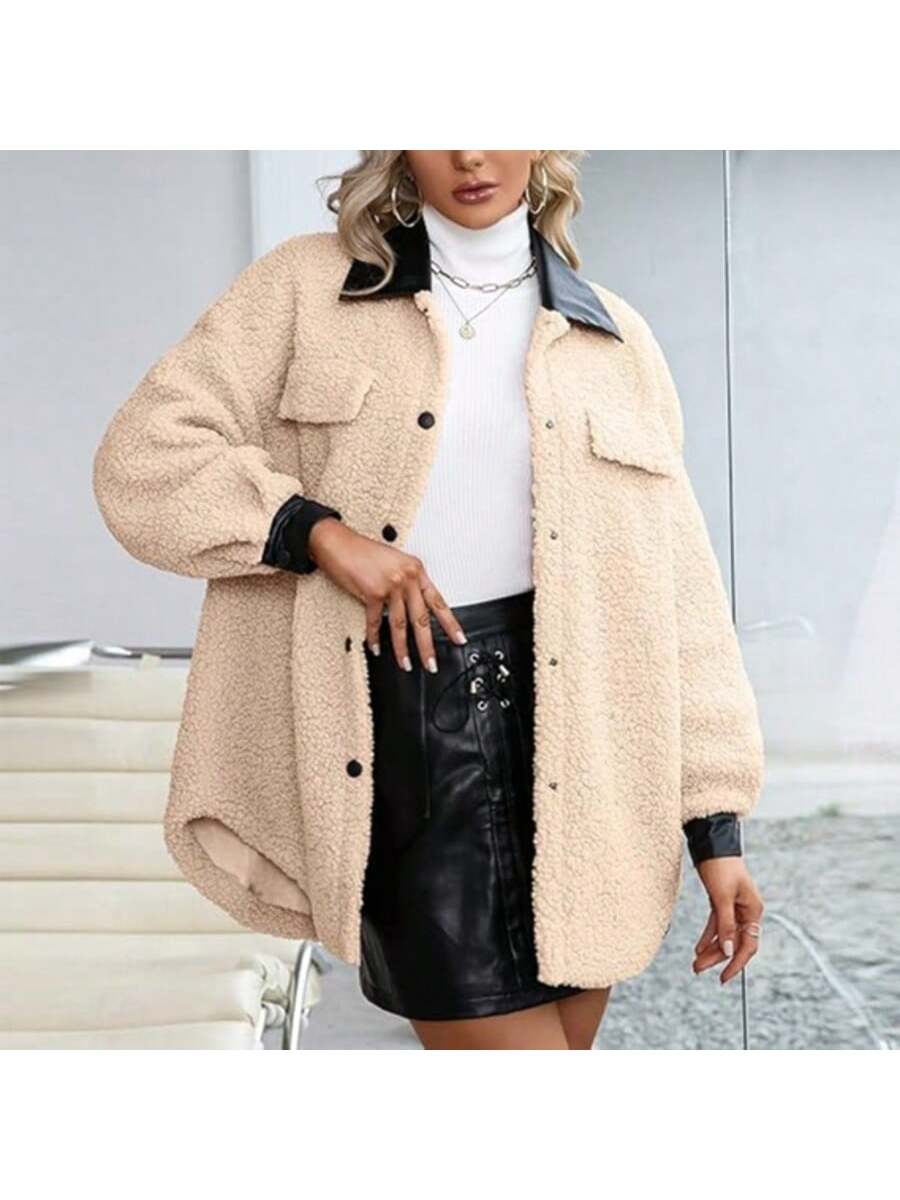 Women's Solid Color Fluffy PU Patchwork Front Button Faux Pocket Casual Fashionable Fluffy Jacket, Suitable For Travel, Street, Daily Commute, Comfortable And Stylish, Autumn/Winter