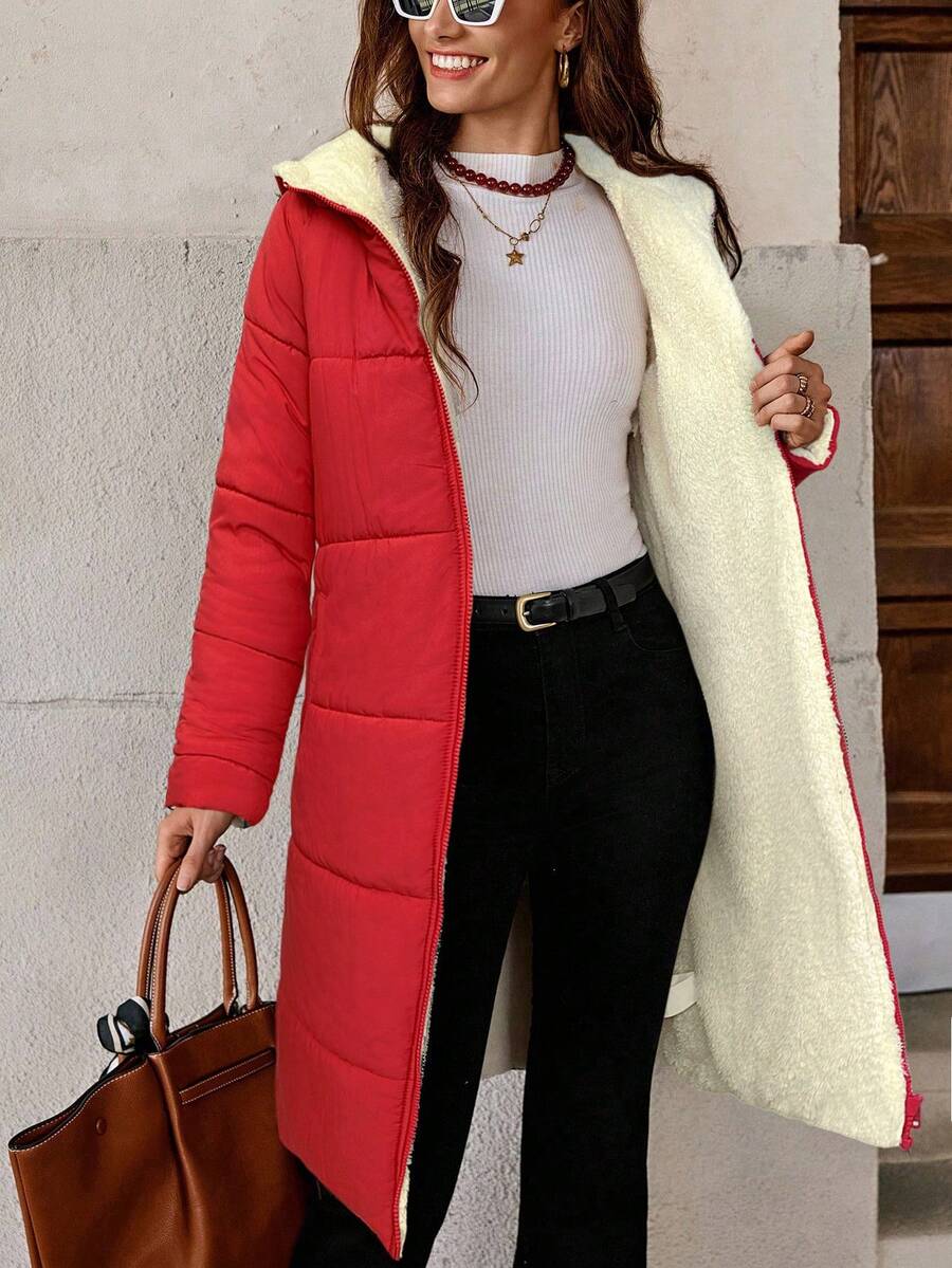 SHEIN Clasi Women Zip Up Hooded Teddy Lined Quilted Coat In Fall/Winter