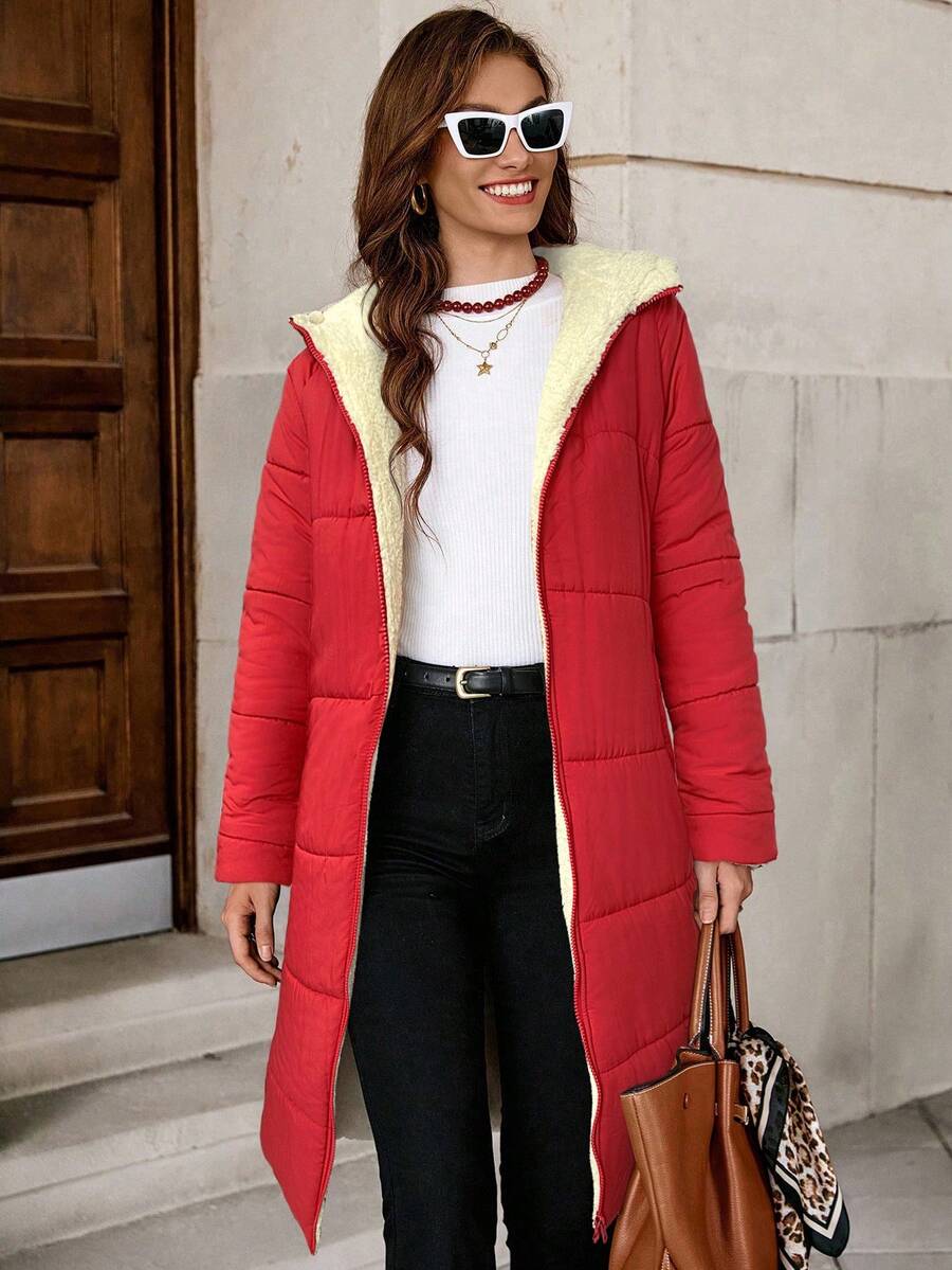 SHEIN Clasi Women Zip Up Hooded Teddy Lined Quilted Coat In Fall/Winter