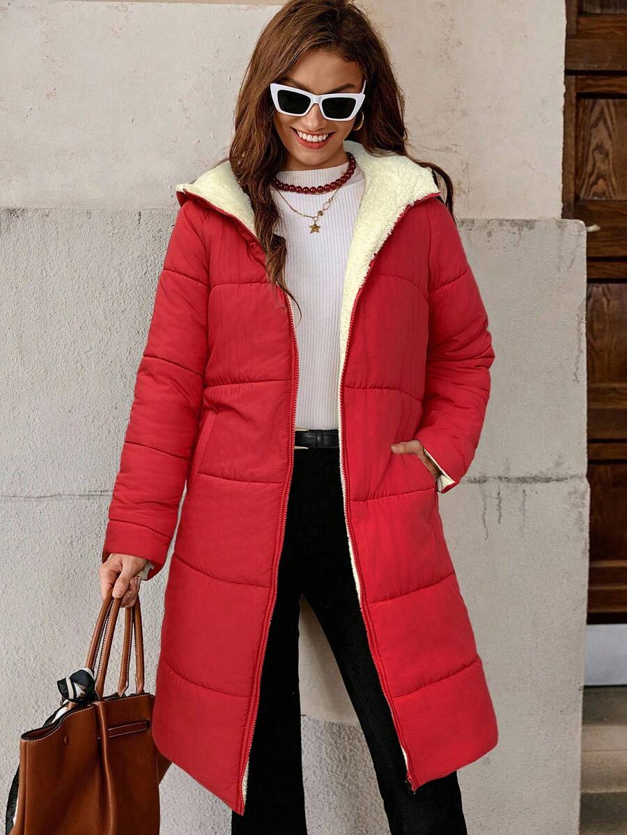 SHEIN Clasi Women Zip Up Hooded Teddy Lined Quilted Coat In Fall/Winter