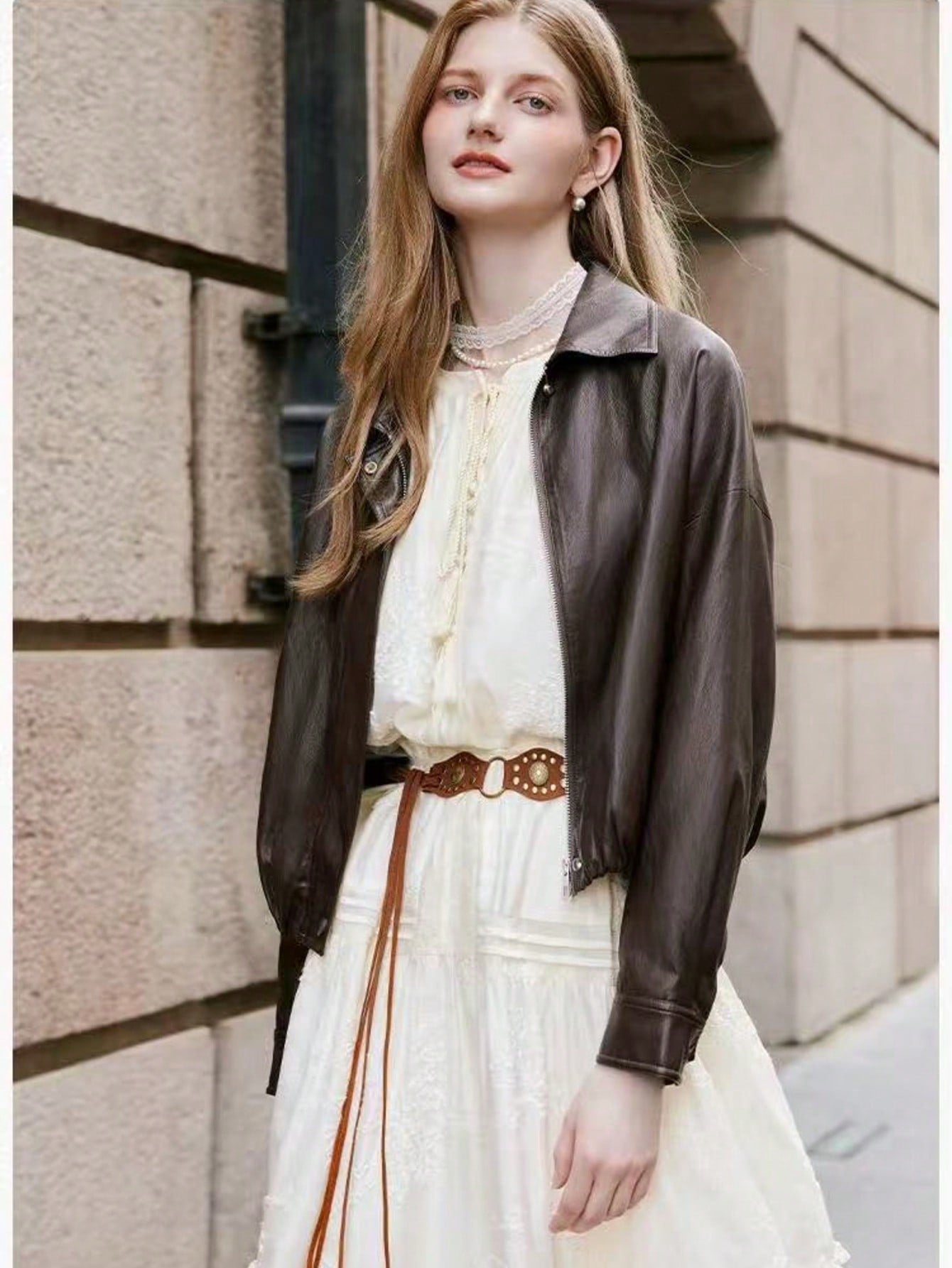 Manneqi Retro American Casual Chic Relaxed Fashion Versatile Lapel Zipper Short Brown Leather Jacket For Women