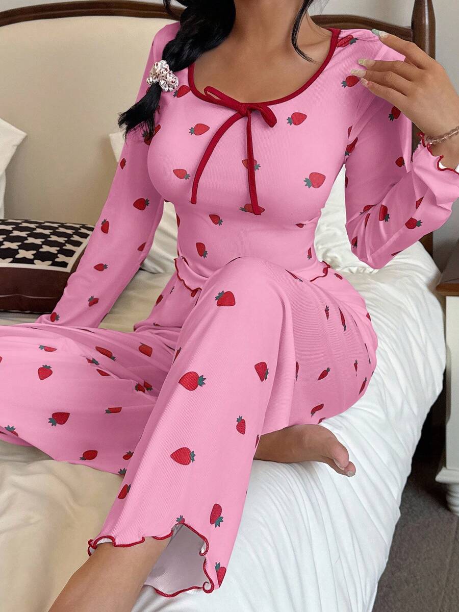 SHEIN Miss Vinta Red And White Long Sleeve Playful Strawberry Top