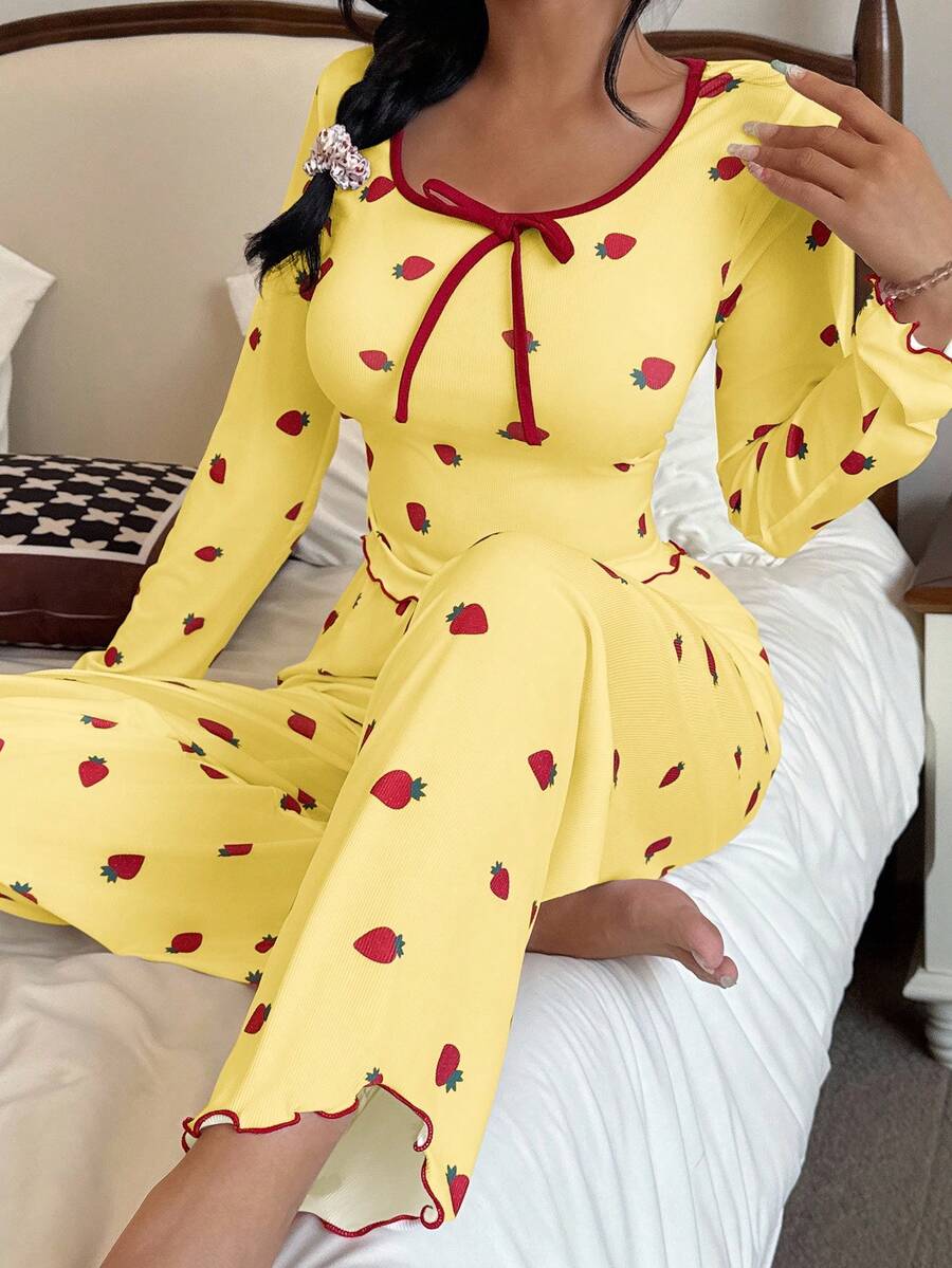 SHEIN Miss Vinta Red And White Long Sleeve Playful Strawberry Top