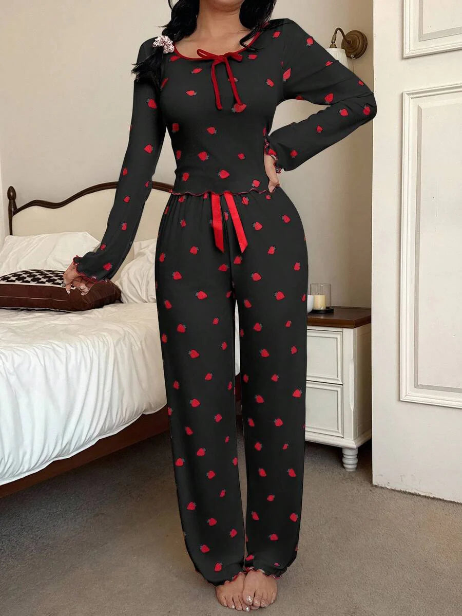 SHEIN Miss Vinta Red And White Long Sleeve Playful Strawberry Top