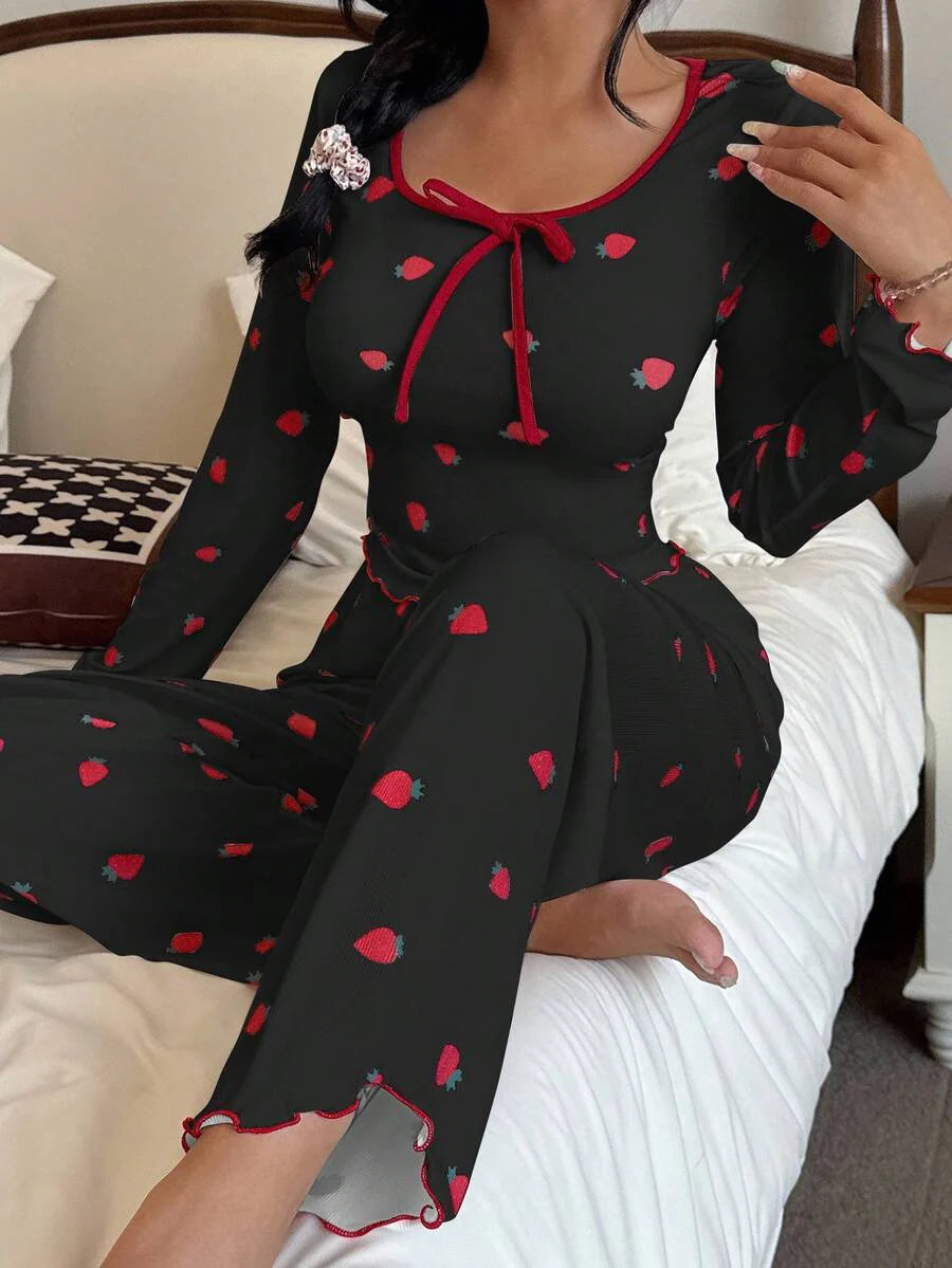 SHEIN Miss Vinta Red And White Long Sleeve Playful Strawberry Top
