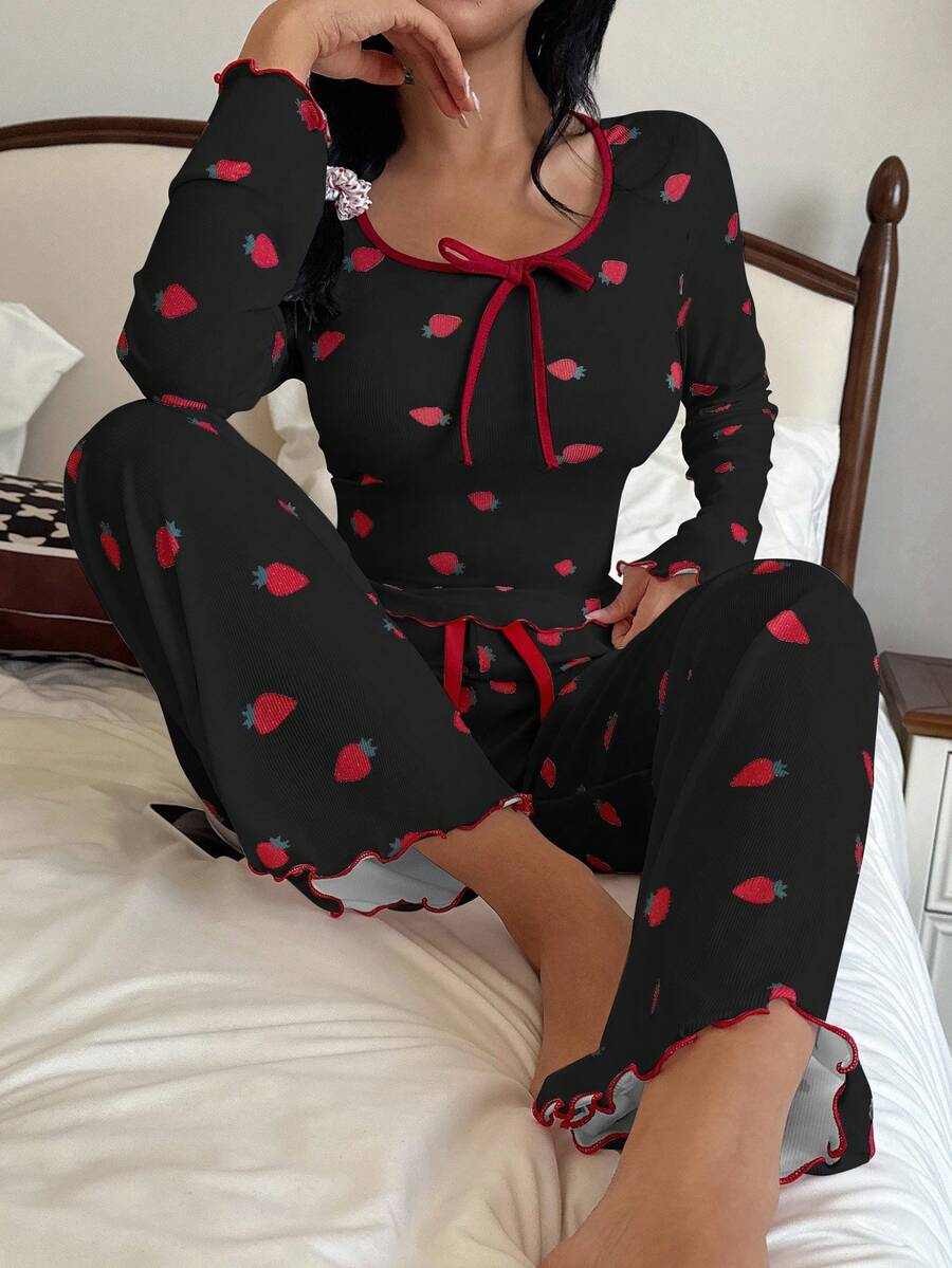 SHEIN Miss Vinta Red And White Long Sleeve Playful Strawberry Top