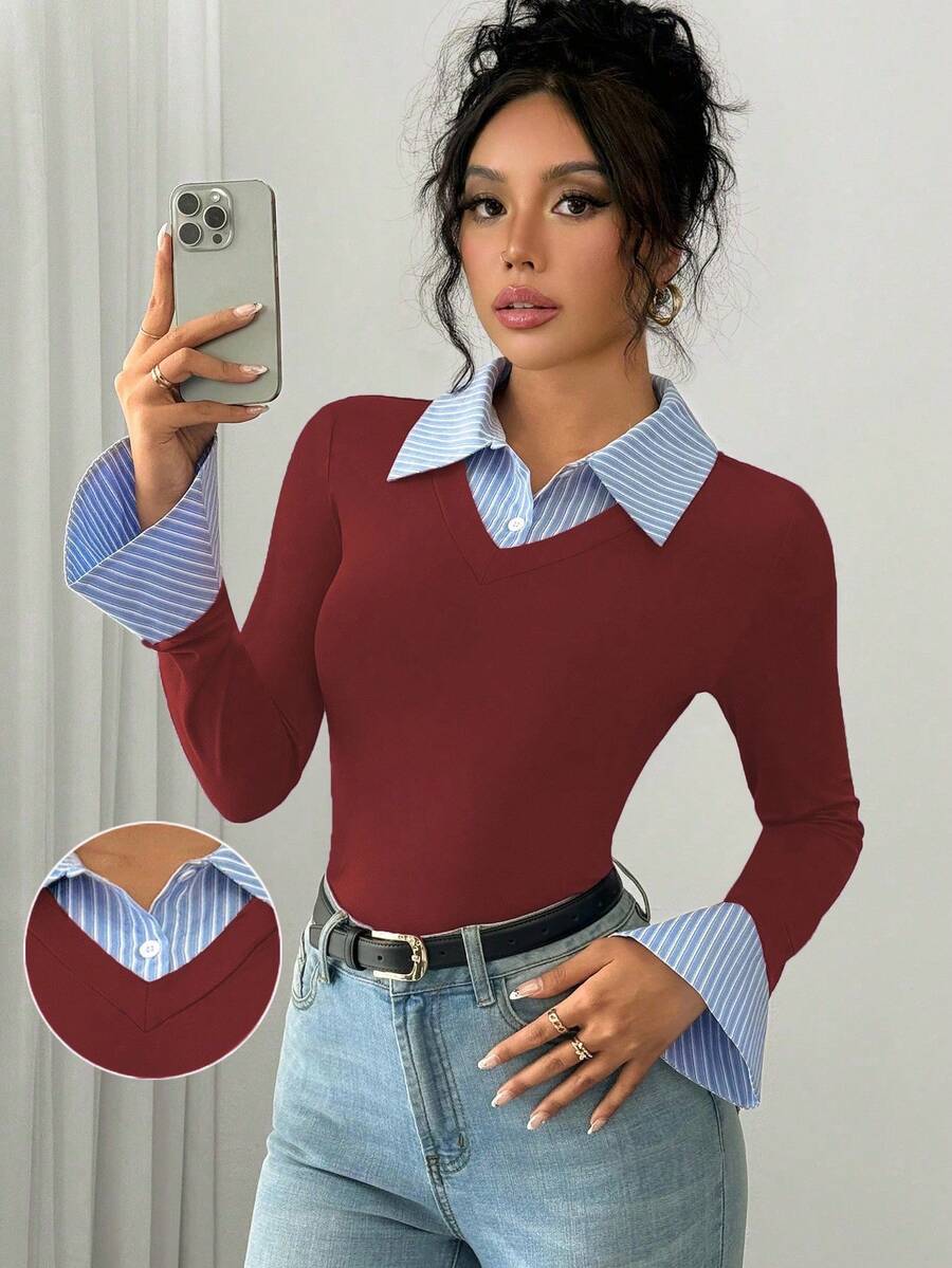 Selianne Elegant Commuter Striped Collared Flared Long Sleeve Knitted T-Shirt For Women