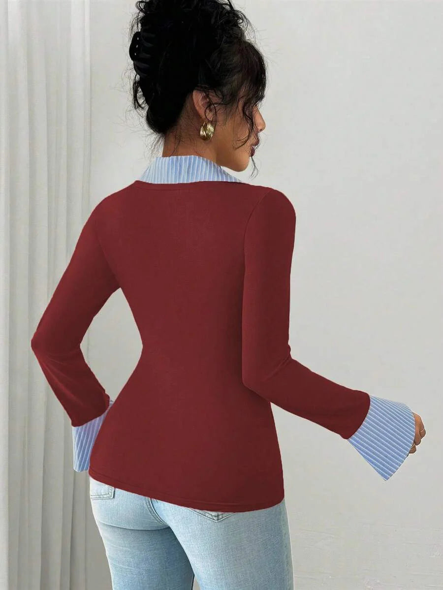 Selianne Elegant Commuter Striped Collared Flared Long Sleeve Knitted T-Shirt For Women