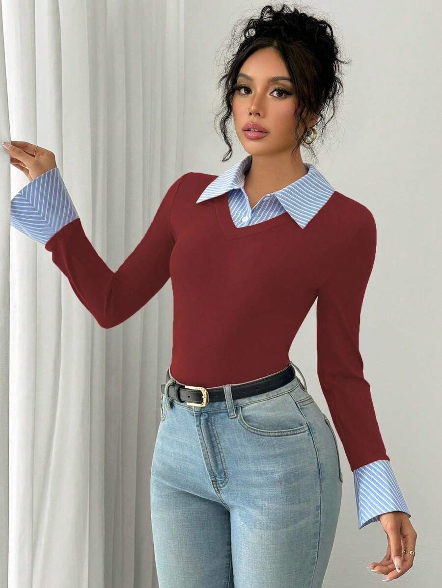 Selianne Elegant Commuter Striped Collared Flared Long Sleeve Knitted T-Shirt For Women