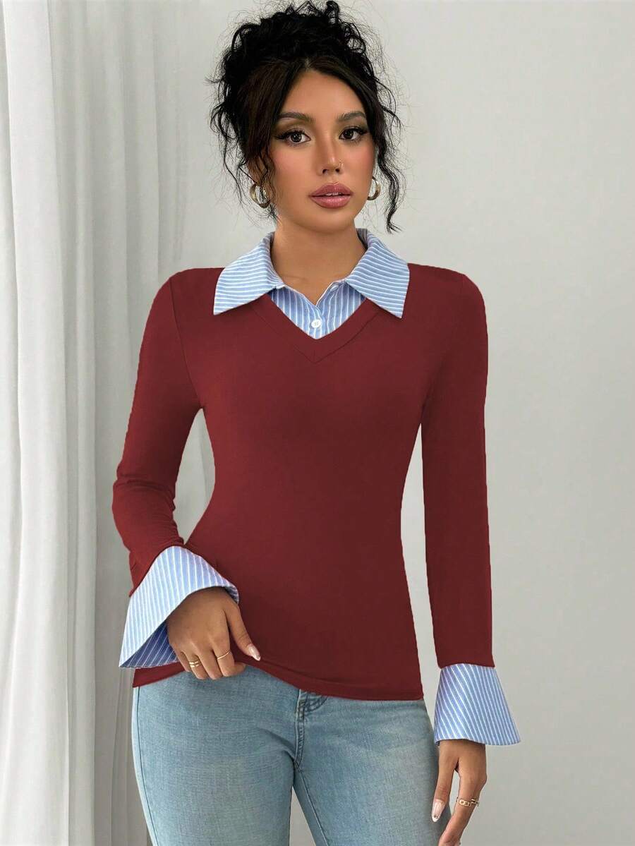 Selianne Elegant Commuter Striped Collared Flared Long Sleeve Knitted T-Shirt For Women