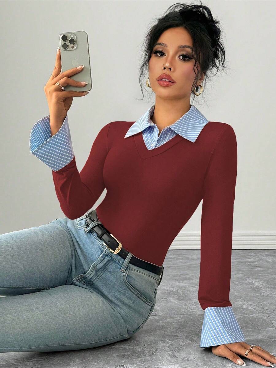 Selianne Elegant Commuter Striped Collared Flared Long Sleeve Knitted T-Shirt For Women