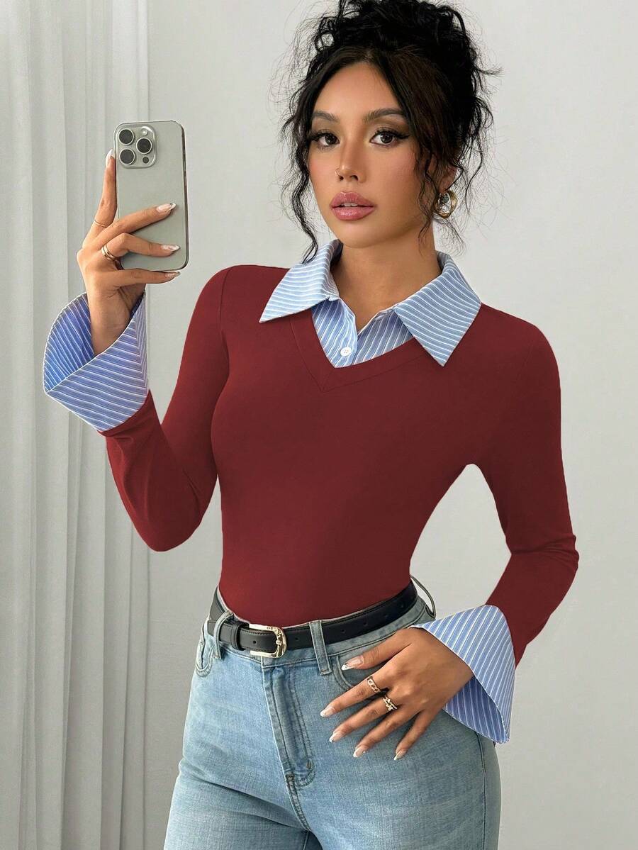 Selianne Elegant Commuter Striped Collared Flared Long Sleeve Knitted T-Shirt For Women