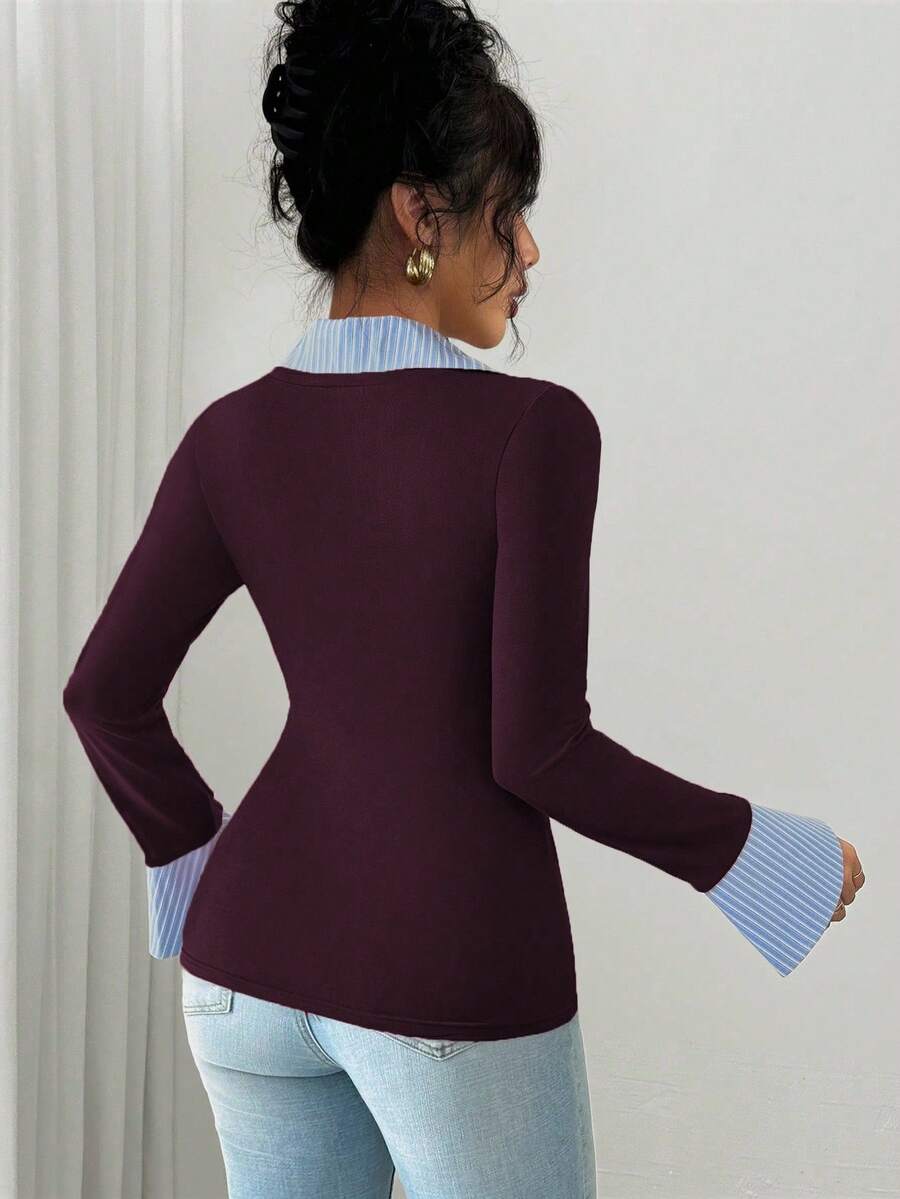 Selianne Elegant Commuter Striped Collared Flared Long Sleeve Knitted T-Shirt For Women