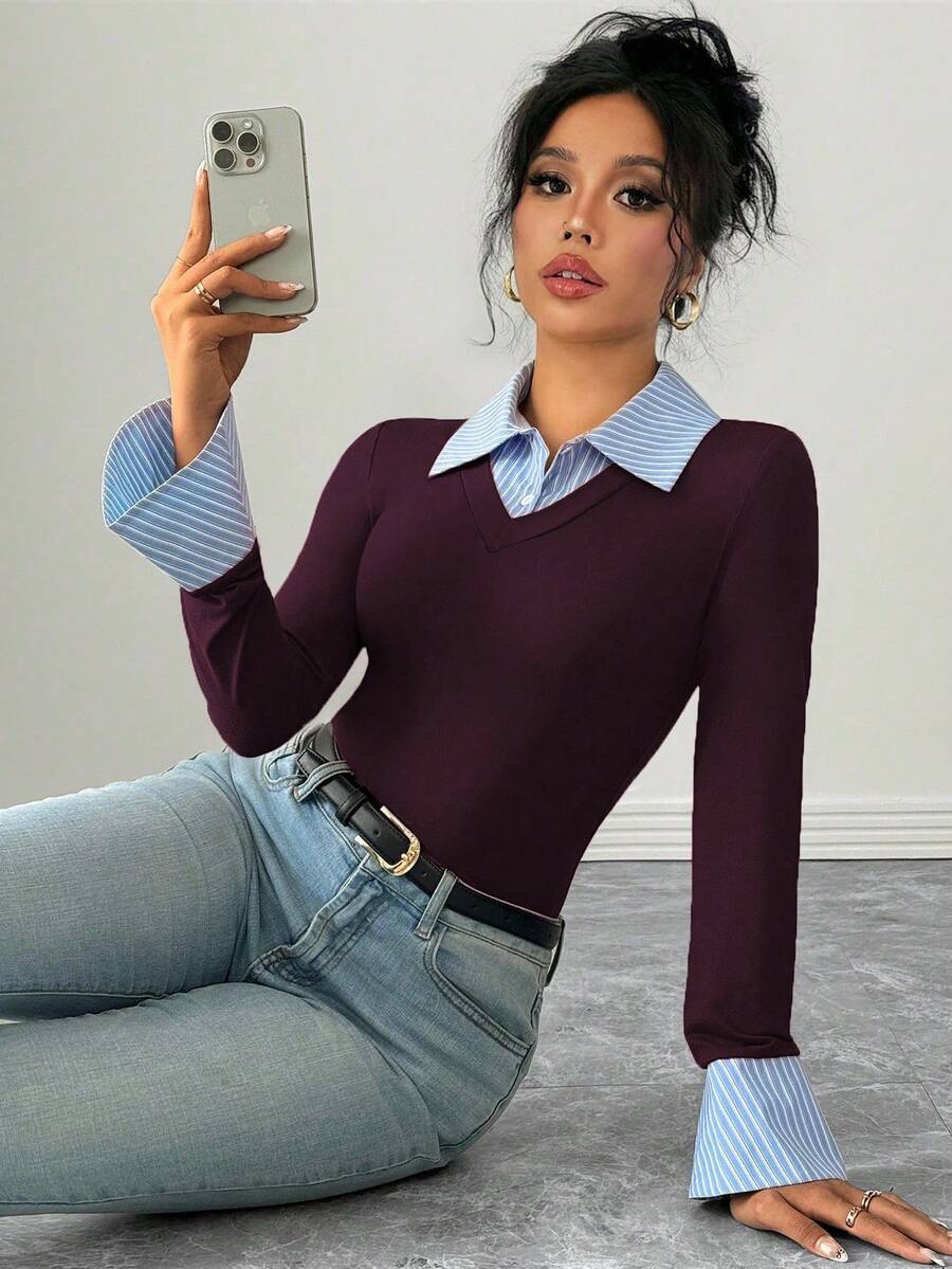 Selianne Elegant Commuter Striped Collared Flared Long Sleeve Knitted T-Shirt For Women