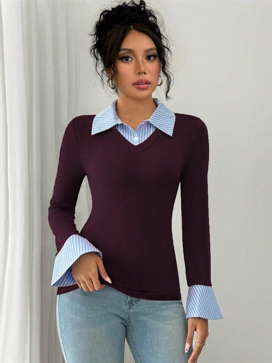 Selianne Elegant Commuter Striped Collared Flared Long Sleeve Knitted T-Shirt For Women