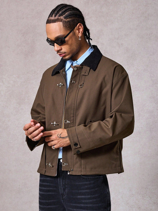 DAZY Men's Autumn Metal Claw Buckle Patchwork Collar Brown Jacket And Coat