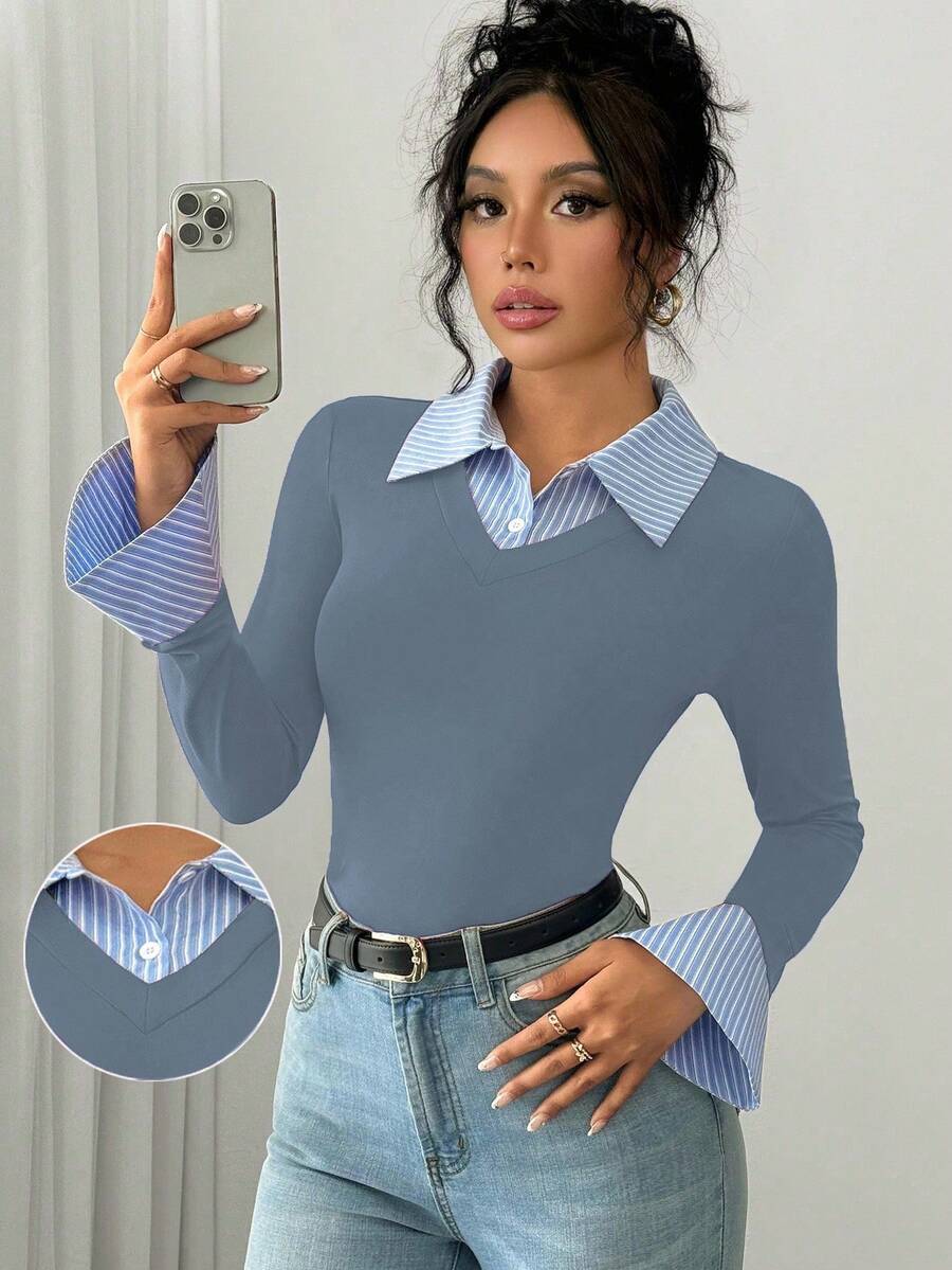Selianne Elegant Commuter Striped Collared Flared Long Sleeve Knitted T-Shirt For Women