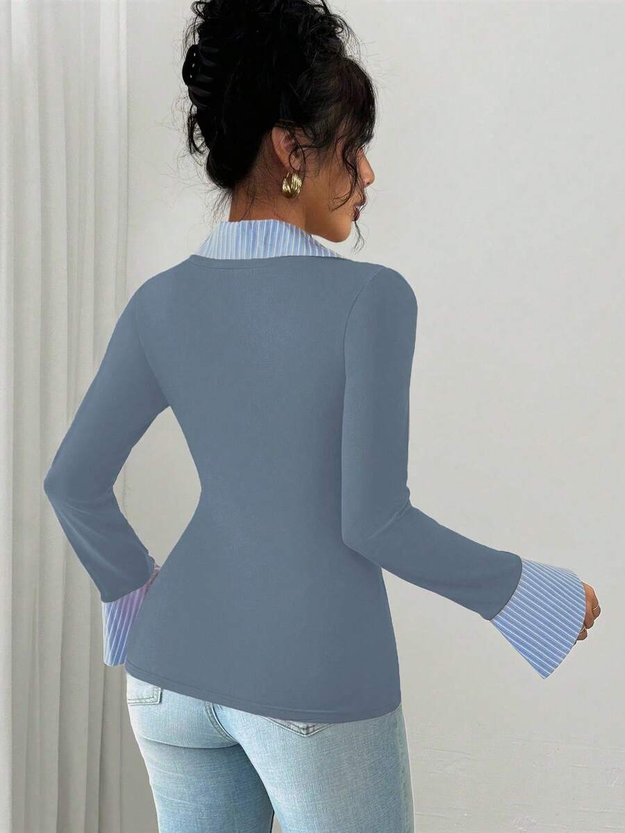 Selianne Elegant Commuter Striped Collared Flared Long Sleeve Knitted T-Shirt For Women