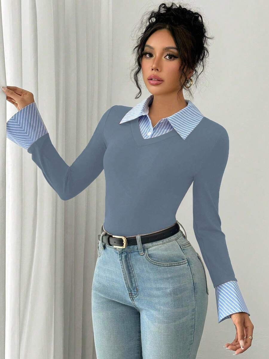 Selianne Elegant Commuter Striped Collared Flared Long Sleeve Knitted T-Shirt For Women