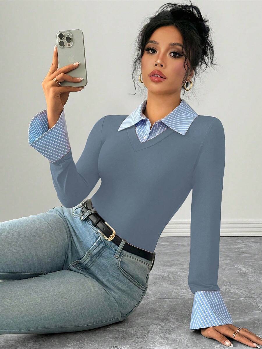 Selianne Elegant Commuter Striped Collared Flared Long Sleeve Knitted T-Shirt For Women