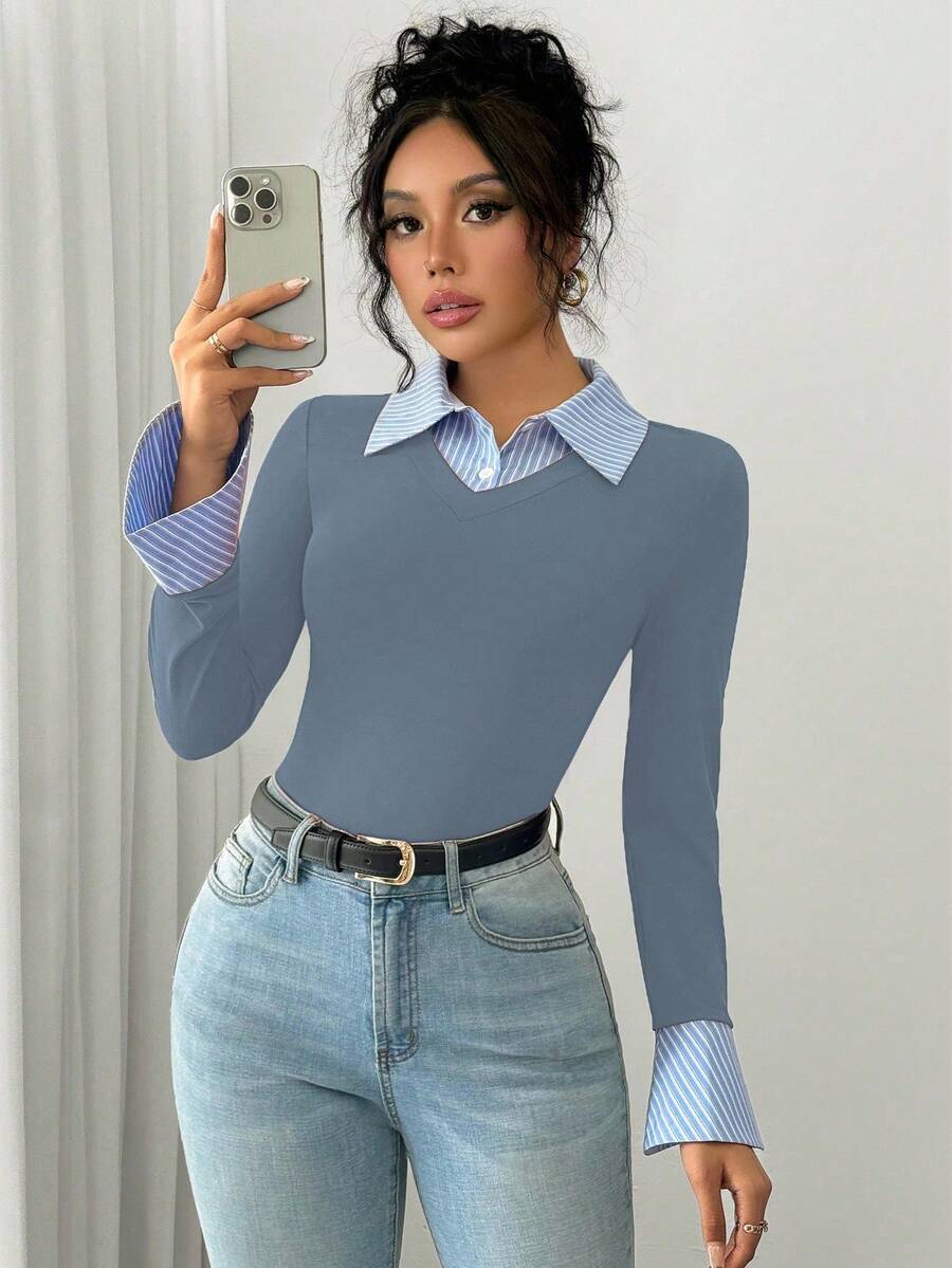 Selianne Elegant Commuter Striped Collared Flared Long Sleeve Knitted T-Shirt For Women