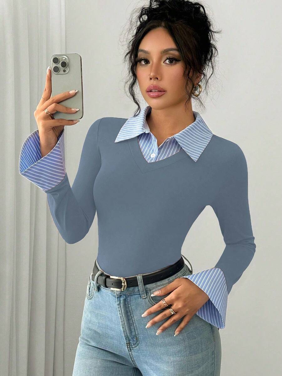 Selianne Elegant Commuter Striped Collared Flared Long Sleeve Knitted T-Shirt For Women