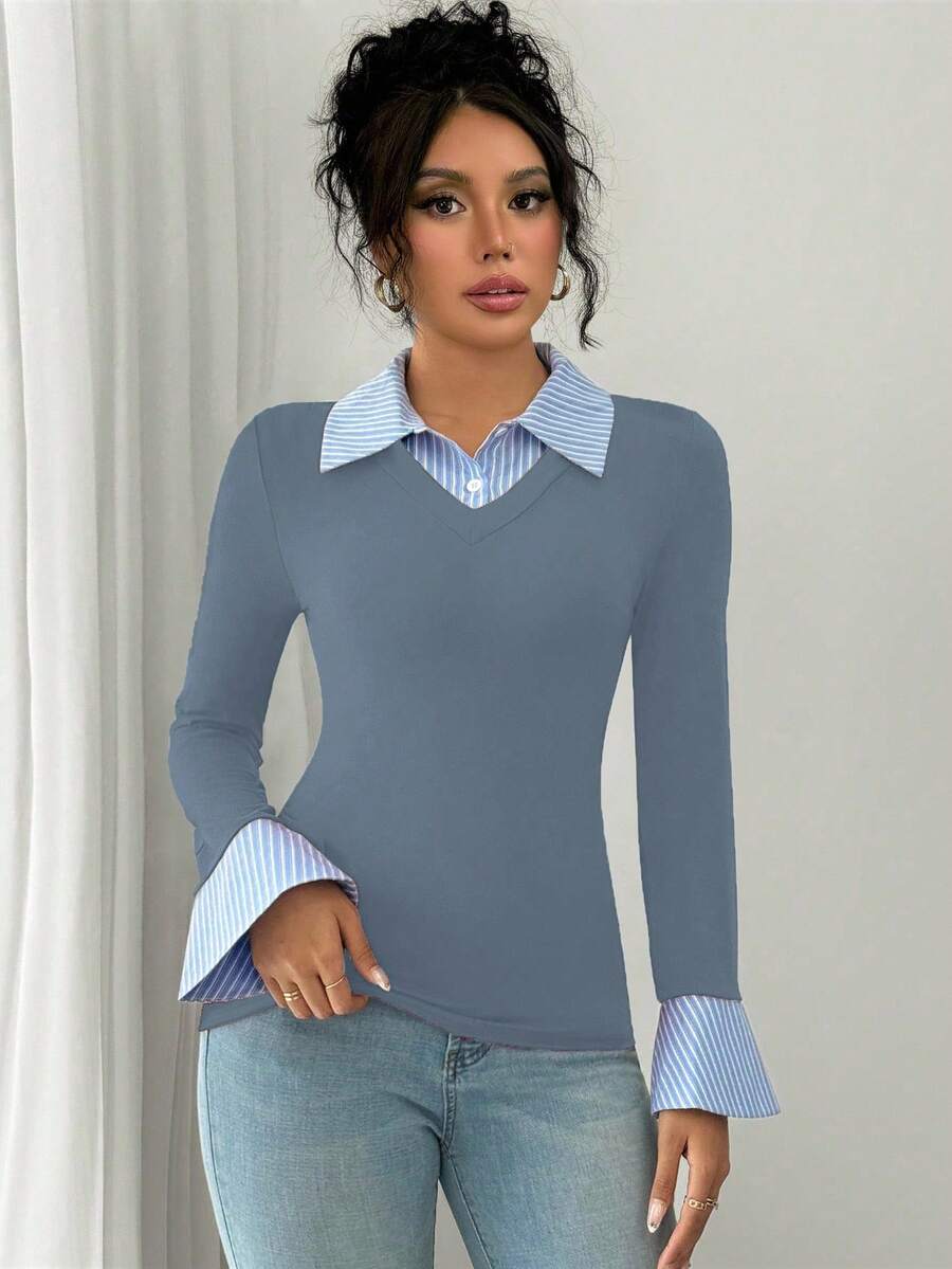 Selianne Elegant Commuter Striped Collared Flared Long Sleeve Knitted T-Shirt For Women