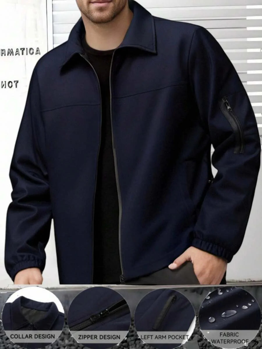 Manfinity Homme Men's Solid Color Zip-Up Casual Outdoor Windbreaker Jacket, Men's Black Jacket, Men's Teachwear Jacket