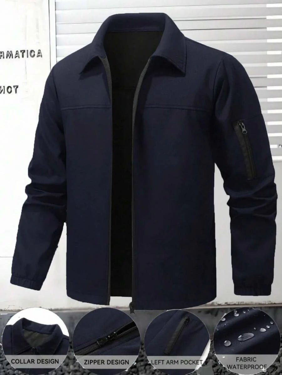 Manfinity Homme Men's Solid Color Zip-Up Casual Outdoor Windbreaker Jacket, Men's Black Jacket, Men's Teachwear Jacket