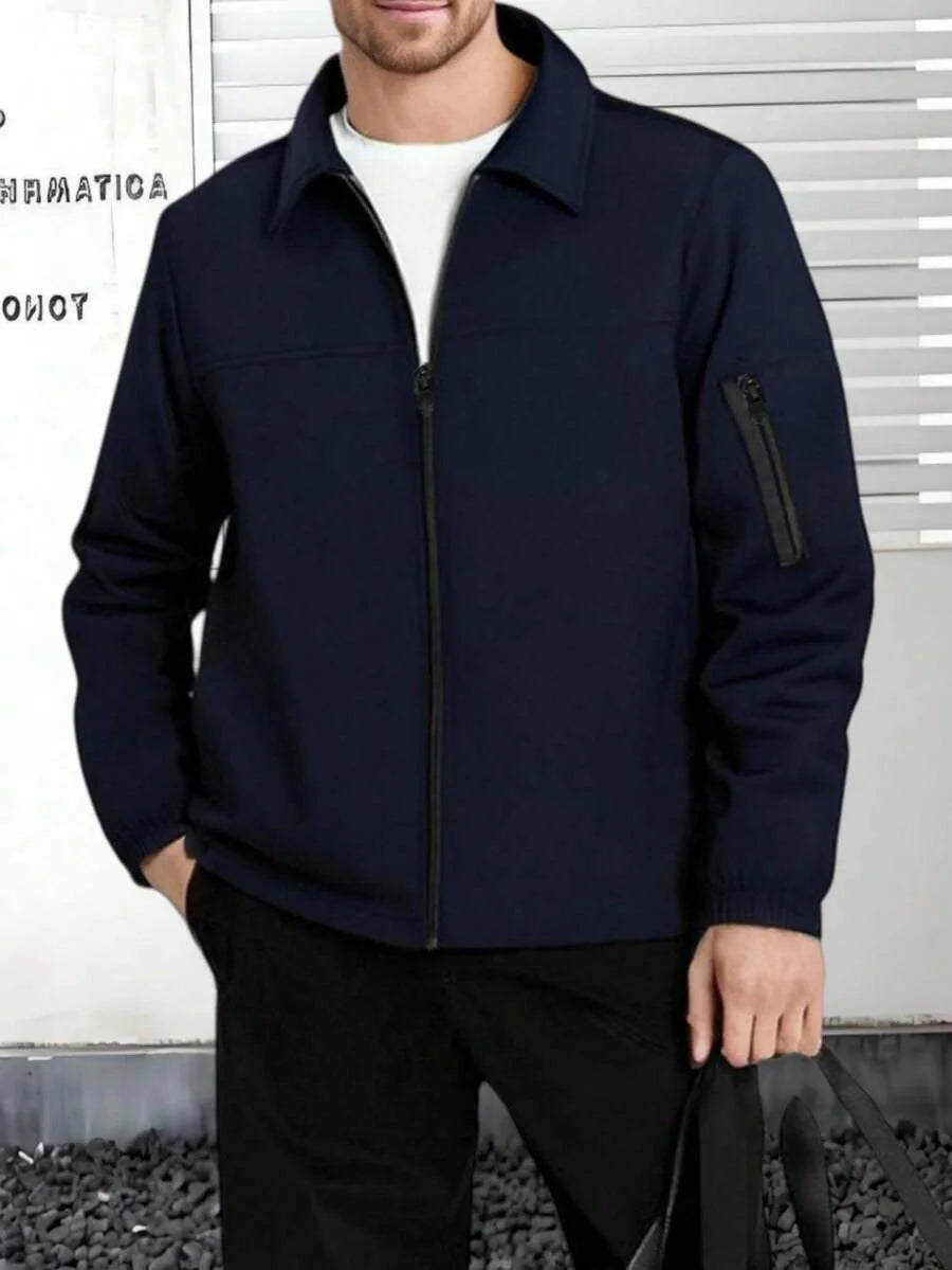 Manfinity Homme Men's Solid Color Zip-Up Casual Outdoor Windbreaker Jacket, Men's Black Jacket, Men's Teachwear Jacket