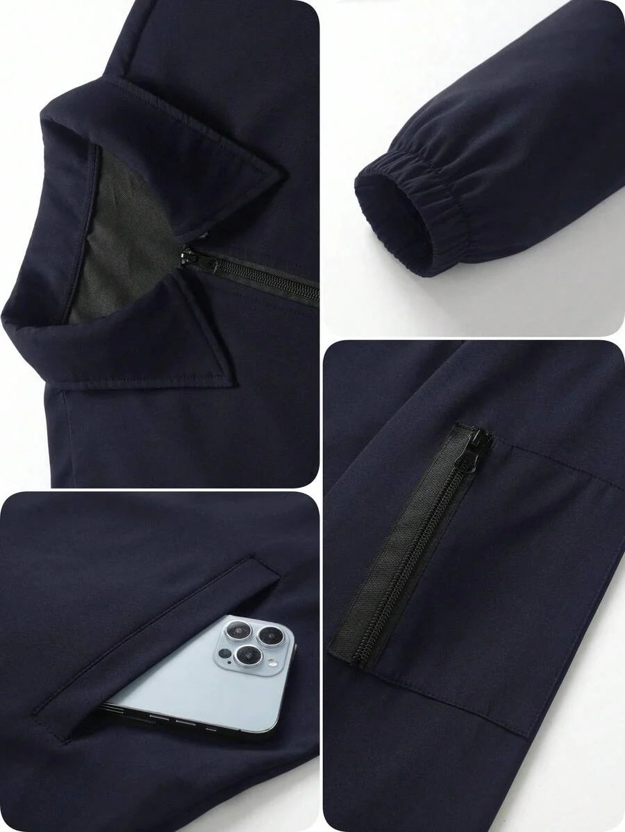 Manfinity Homme Men's Solid Color Zip-Up Casual Outdoor Windbreaker Jacket, Men's Black Jacket, Men's Teachwear Jacket